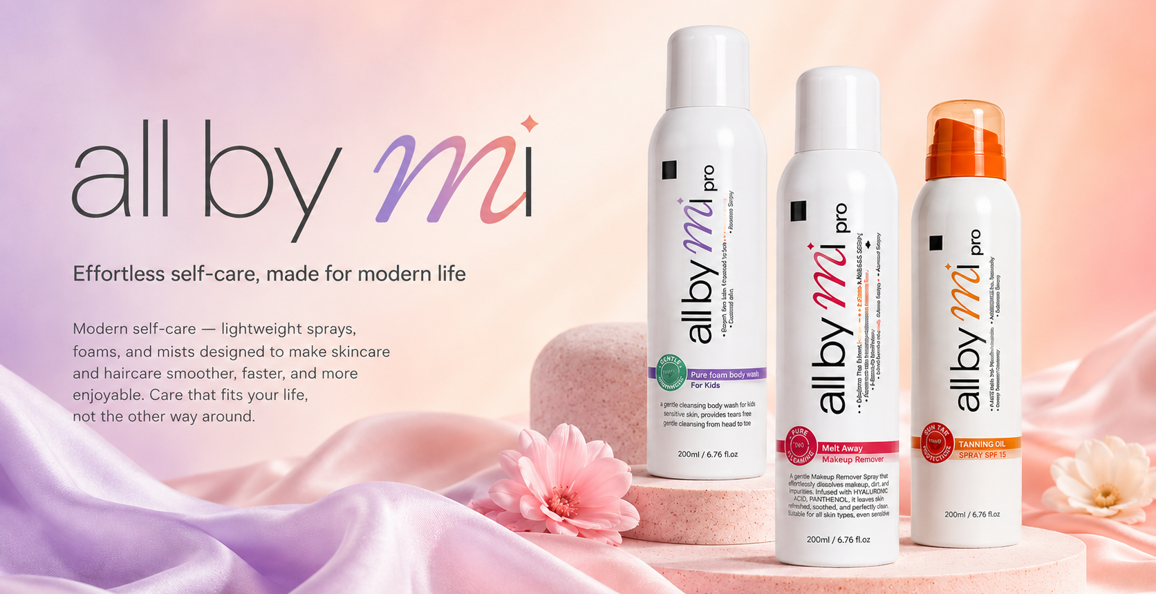 Three 'all by mi' skincare products on a soft pink background with floral elements.